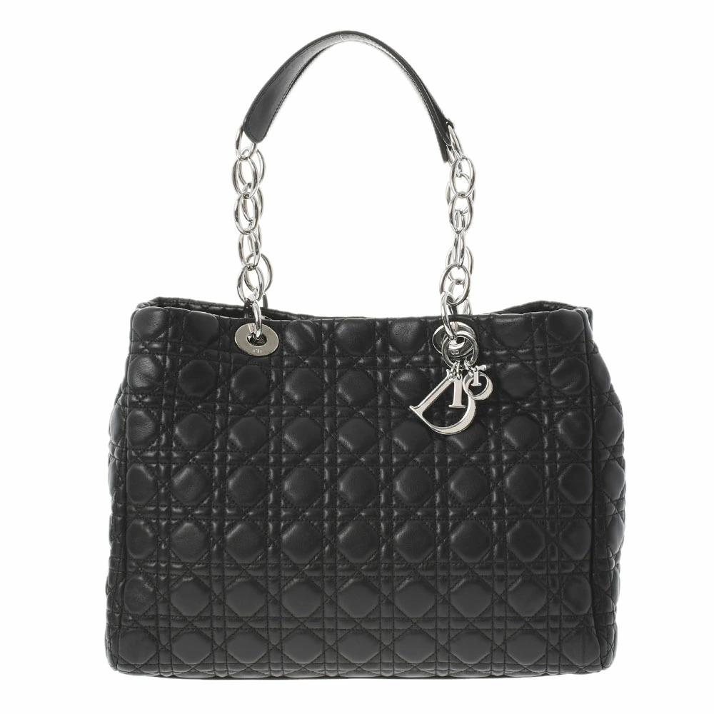 CHRISTIAN DIOR Lady Cannage Chain Tote Bag Black Lambskin